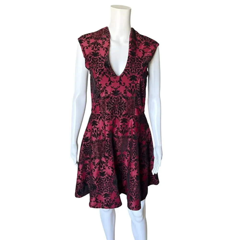 Trixxi Burgundy Black Velvet Flare Mini Dress Womens Large Sleeveless Party - Picture 5 of 7